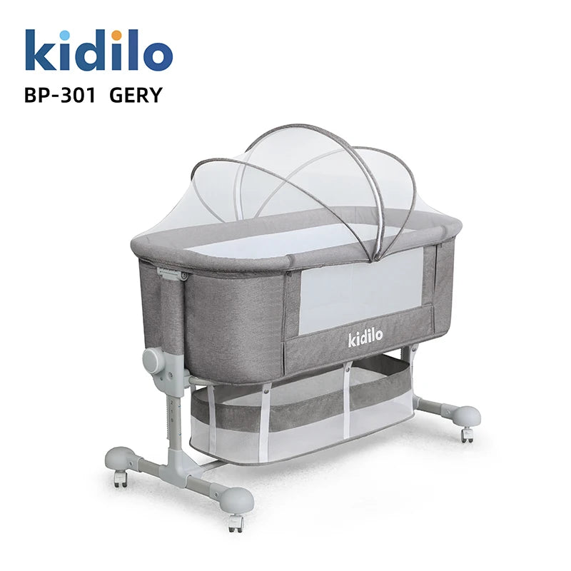 Newborn Foldable Portable Modern Kidilo Luxury Baby Crib, Convertible 3 in 1 Bedside Crib with Mosquito Net for Nursery BP-301