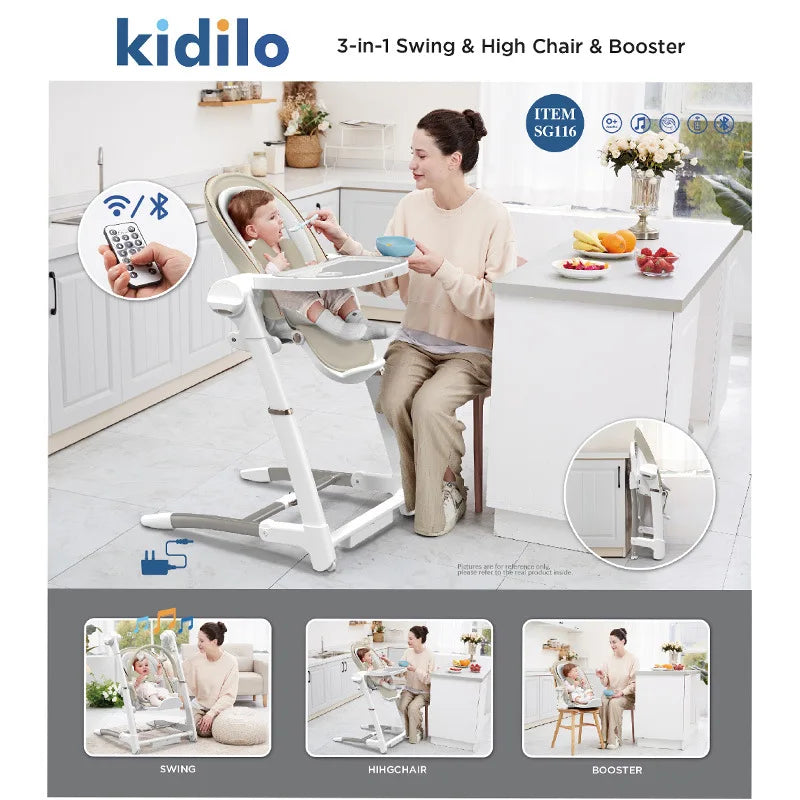 Kidilo 6-36 Months 3 in 1 Foldable Baby High Chair, Non-Toxic Feeding Chair for Home & Small-Space Toddler & Baby Dining SG116