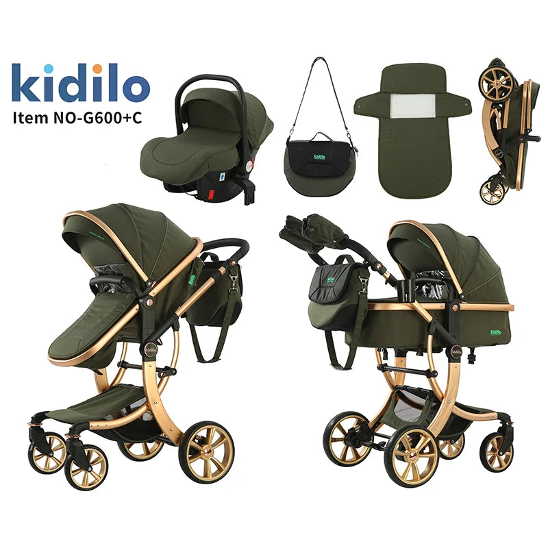 0-3 Years 3 in 1 Kidilo Baby Stroller with Car Seat, Non-Toxic Durable Foldable Travel Stroller for Toddlers Family Trips G600+C
