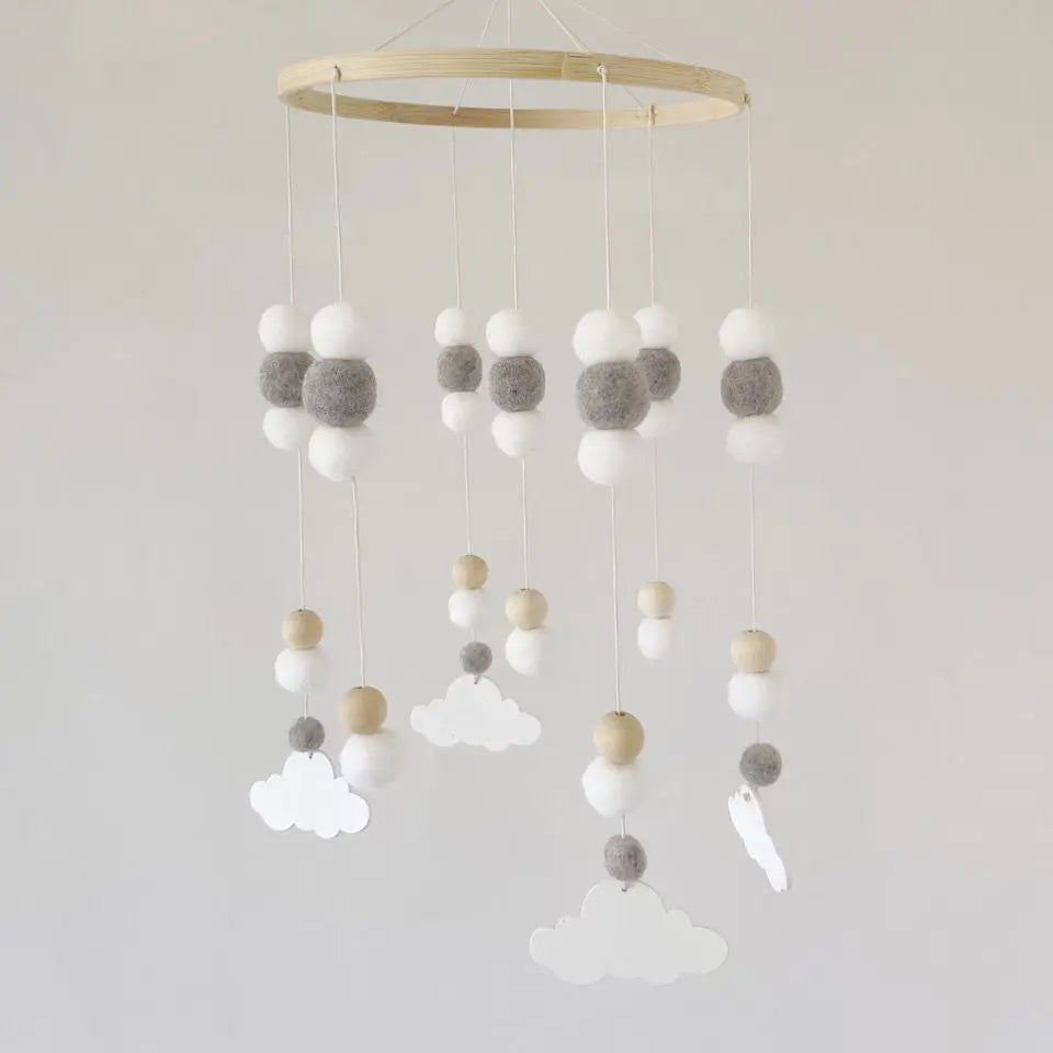 Mobile Wind Chime Hanging Toys Crib Bed Wood Musical Plush Custom Mobile Baby with Felt Balls Baby for Baby Unisex 2 to 4 Years