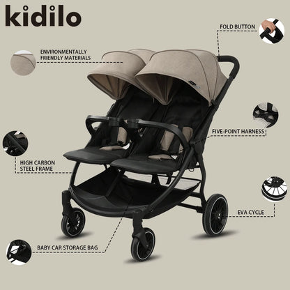 Kidilo 0-3 Years Double Twin Baby Stroller, Foldable Non-Toxic Travel Stroller for Toddlers Kids Daily Walks Family Trips LB100