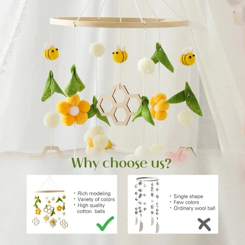 Customization Bee Animal Nursery Decoration Wooden Hanging Toy Baby Musical Crib Mobile Toys for Bed Crib