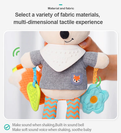 OEM Customizable Fox Baby Crib Plush Doll Soft Stuffed Animal Rattle with Teether Car Seat Stroller Hanging Toy