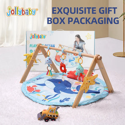 Jollybaby Cotton Activity Gym Play Mats with Wood Mounting Frame Sensory Awakening Baby Play Mat Perfect Gift for Newborn Baby