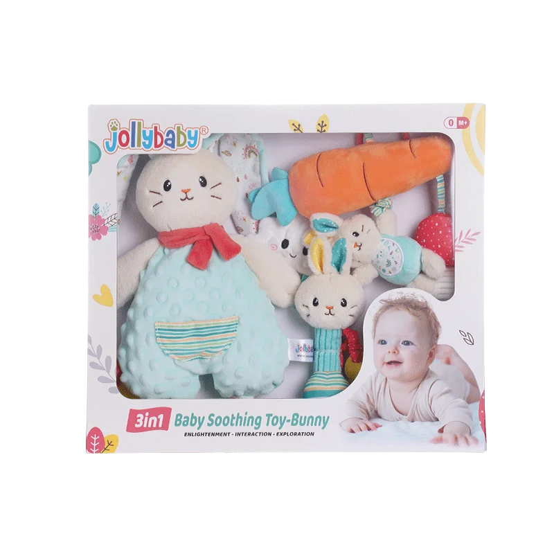 Jollybaby Custom Soft Plush Hand Rattle Baby Rattle Gift Set Newborn Hanging Toys Plastic Animal Toys Including a Stuffed Rabbit