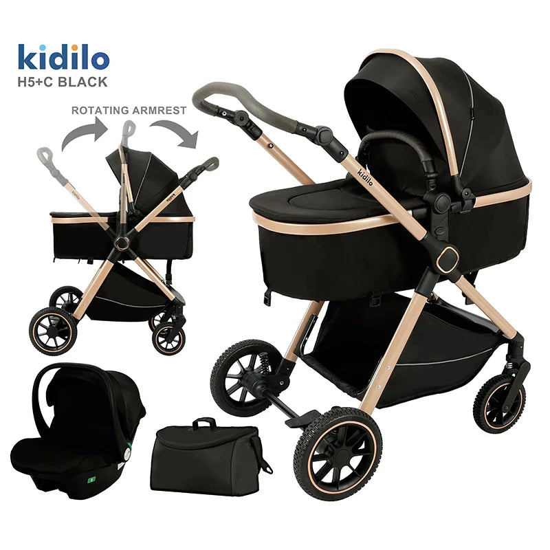 0-3 Years 3 in 1 Kidilo Baby Stroller with Car Seat, Non-Toxic Durable Foldable Travel Stroller for Toddlers Family Trips H5+C