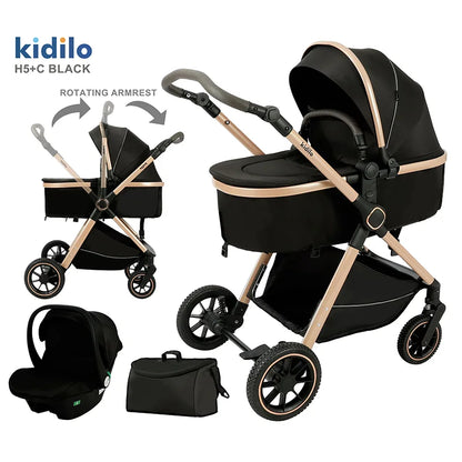0-3 Years 3 in 1 Kidilo Baby Stroller with Car Seat, Non-Toxic Durable Foldable Travel Stroller for Toddlers Family Trips H5+C