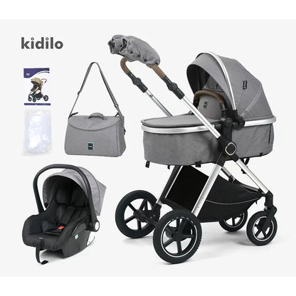 Kidilo 0-3 Years 3 in 1 Baby Stroller with Car Seat Non-Toxic Durable Foldable Travel Stroller for Toddlers Family Trips H2X+C