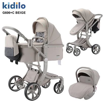 0-3 Years 3 in 1 Kidilo Baby Stroller with Car Seat, Non-Toxic Durable Foldable Travel Stroller for Toddlers Family Trips G606+C