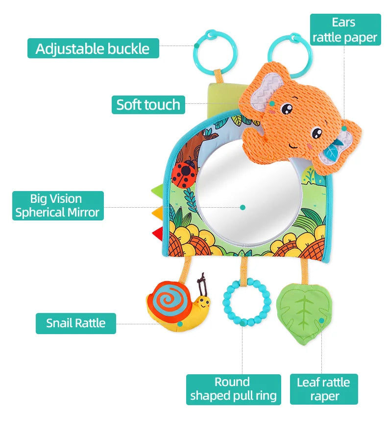 Sozzy Elephant Animal Tummy Time Mirror Traveling Baby Car Seat Stroller Hanging Toys with Mirror Teether