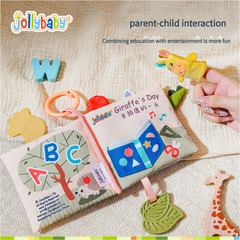 Jollybaby Cloth Book Features Removable Finger Puppet Plush Toy Animal Soft Activity Cloth Book with Chewable Teether