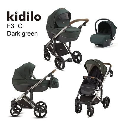 Kidilo 0-3 Years 3 in 1 Baby Stroller with Car Seat Non-Toxic Durable Foldable Travel Stroller for Toddlers Family Trips F3+C