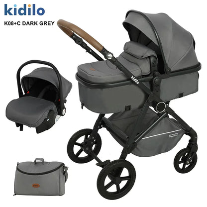 0-3 Years 3 in 1 Kidilo Baby Stroller with Car Seat, Non-Toxic Durable Foldable Travel Stroller for Toddlers Family Trips K08+C