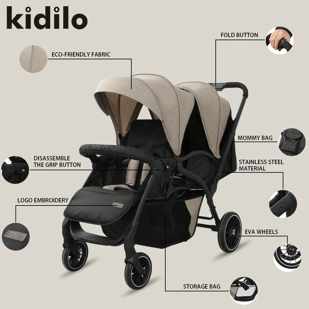 0-3 Years Kidilo Double Twin Baby Stroller, Foldable Non-Toxic Travel Stroller for Toddlers Kids Daily Walks Family Trips LB200