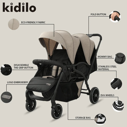 0-3 Years Kidilo Double Twin Baby Stroller, Foldable Non-Toxic Travel Stroller for Toddlers Kids Daily Walks Family Trips LB200