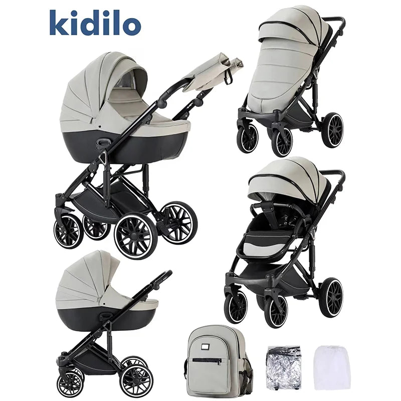 0-3 Years 3 in 1 Kidilo Baby Stroller with Car Seat, Non-Toxic Durable Foldable Travel Stroller for Toddlers Family Trips F2