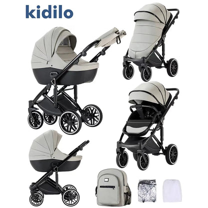 0-3 Years 3 in 1 Kidilo Baby Stroller with Car Seat, Non-Toxic Durable Foldable Travel Stroller for Toddlers Family Trips F2