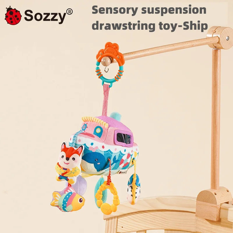 Custom Car Transportation Sensory Hanging Toys Soft Stuffed Activity Plush Toy for Stroller Crib Cot Musical Pull String Set for