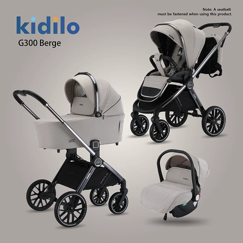 Kidilo 0-3 Years 3 in 1 Baby Stroller with Car Seat Non-Toxic Durable Foldable Travel Stroller for Toddlers Family Trips G300