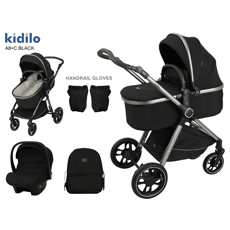 0-3 Years 3 in 1 Kidilo Baby Stroller with Car Seat, Non-Toxic Durable Foldable Travel Stroller for Toddlers Family Trips A8+C
