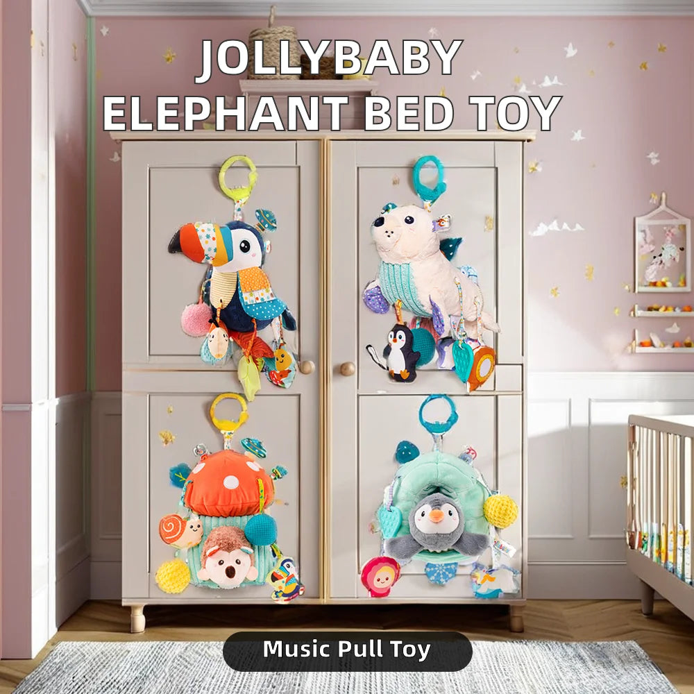 Jollybaby New Baby Bed Toy Cotton Stuffed Elephant Hanging Plush Activity Teether Rattle Bungee Cord Pull for Stroller Teething