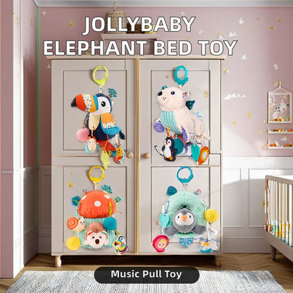 Jollybaby New Baby Bed Toy Cotton Stuffed Elephant Hanging Plush Activity Teether Rattle Bungee Cord Pull for Stroller Teething