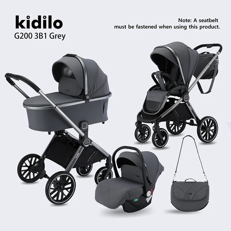 0-3 Years 3 in 1 Kidilo Baby Stroller with Car Seat Non-Toxic Durable Foldable Travel Stroller for Toddlers Family Trip G200 3B1