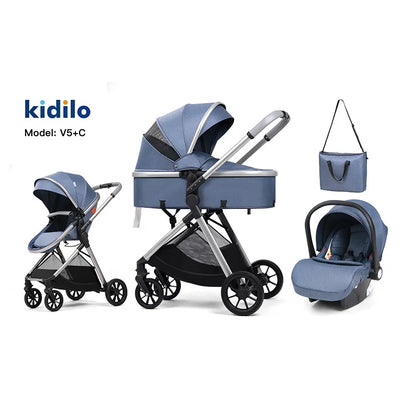 0-3 Years 3 in 1 Kidilo Baby Stroller with Car Seat, Non-Toxic Durable Foldable Travel Stroller for Toddlers Family Trips V5+C