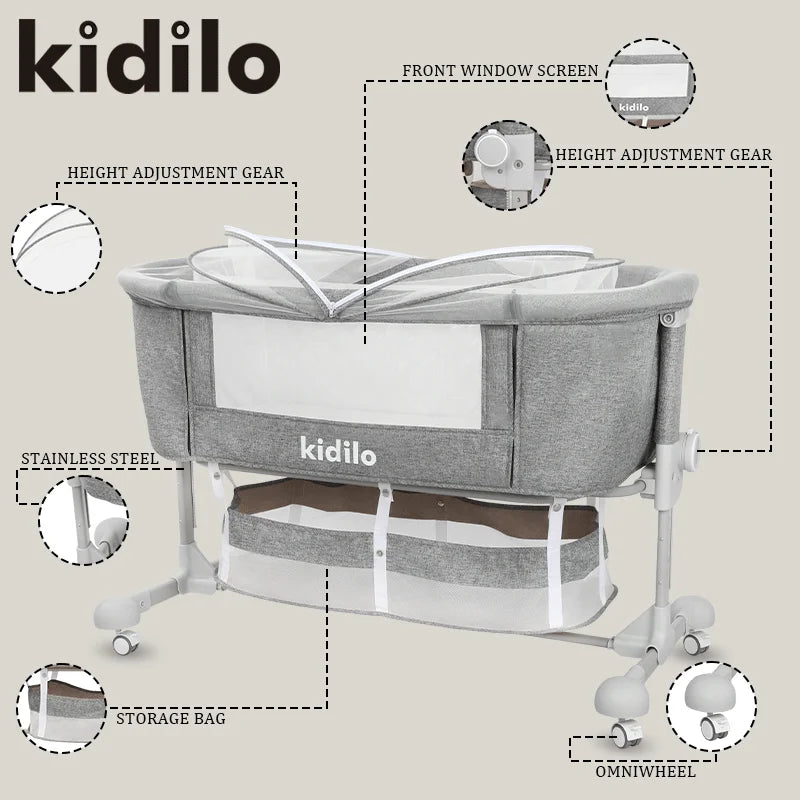 Newborn Foldable Portable Modern Kidilo Luxury Baby Crib, Convertible 3 in 1 Bedside Crib with Mosquito Net for Nursery BP-301