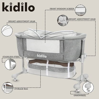 Newborn Foldable Portable Modern Kidilo Luxury Baby Crib, Convertible 3 in 1 Bedside Crib with Mosquito Net for Nursery BP-301
