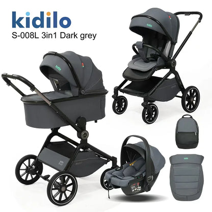 0-3 Years 3 in 1 Kidilo Baby Stroller with Car Seat, Non-Toxic Durable Foldable Travel Stroller for Toddlers Family Trips S-008L
