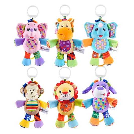 Sozzy Newborn Hanging Pulling Toy with Teether Soft Plush Baby Animal Musical Rattle for Car Seats and Strollers
