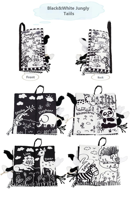 Jollybaby White Black Book Fabric Baby Animal Education Washable Tails Story Cloth Book for 0-12 Months