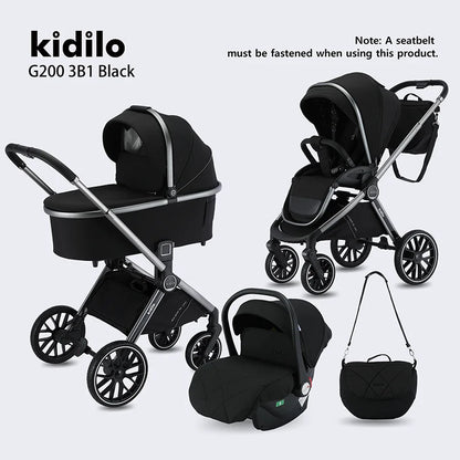 0-3 Years 3 in 1 Kidilo Baby Stroller with Car Seat Non-Toxic Durable Foldable Travel Stroller for Toddlers Family Trip G200 3B1