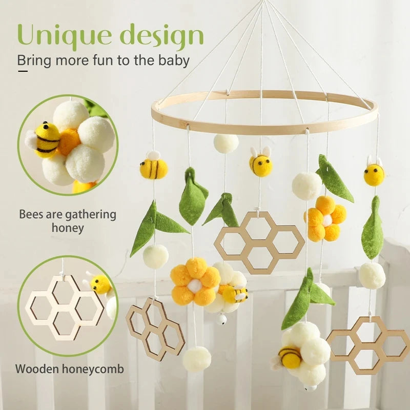 Customization Bee Animal Nursery Decoration Wooden Hanging Toy Baby Musical Crib Mobile Toys for Bed Crib