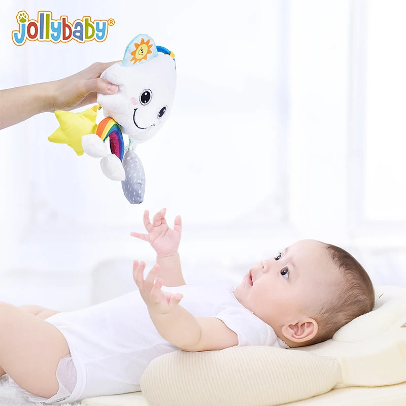 Jollybaby 2025 Unisex White 17*27cm Soft Plush Cloud Moon Hanging Rattle Baby Pull String Musical Stuffed Animal Toy PP Cotton