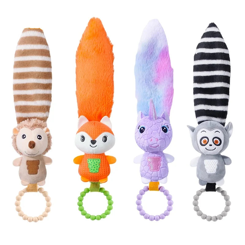 JOLLYBABY Infant Hand Grip Toys Early Development Baby Rattles with Long Animal Tails Soft Sound Handbells
