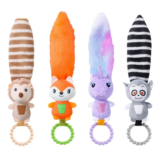 JOLLYBABY Infant Hand Grip Toys Early Development Baby Rattles with Long Animal Tails Soft Sound Handbells