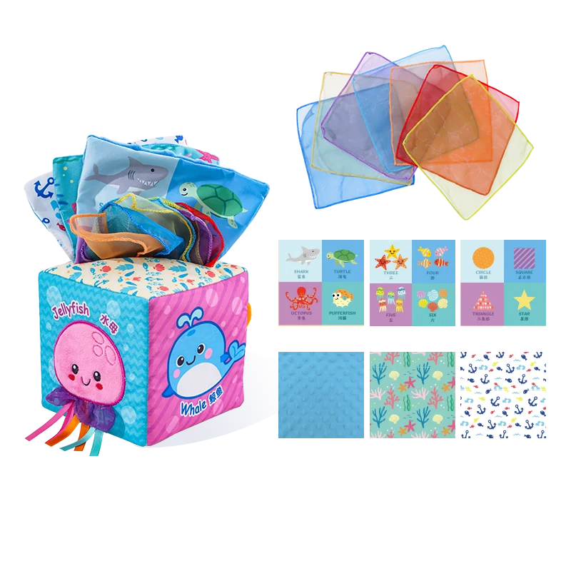 Jollybaby Custom Animal Infant Soft Sensory Magic square Tissue Box Toy Plush Toy Tissue Box and Handkerchief