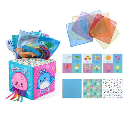 Jollybaby Custom Animal Infant Soft Sensory Magic square Tissue Box Toy Plush Toy Tissue Box and Handkerchief