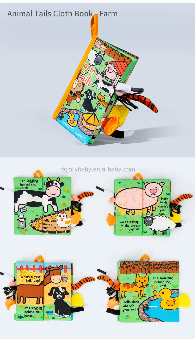 Jollybaby Custom 3D Animal Tail Soft Cotton Cloth Learning Book Cloths Made Baby Sensory Crinkle Cloth Book Set Educational Toy