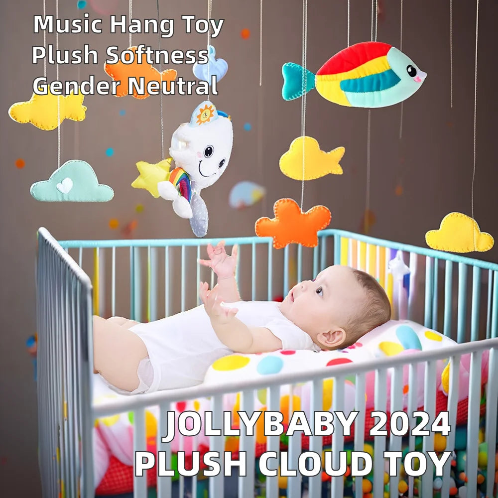 Jollybaby 2025 Soft Plush Cloud Moon Musical Hanging Rattle Toy Baby Soothing Pull String Toy for Crib Stroller