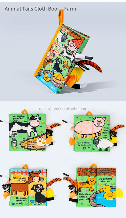 Jollybaby Custom 3D Animal Tail Soft Cotton Cloth Learning Book Cloths Made Baby Sensory Crinkle Cloth Book Set Educational Toy