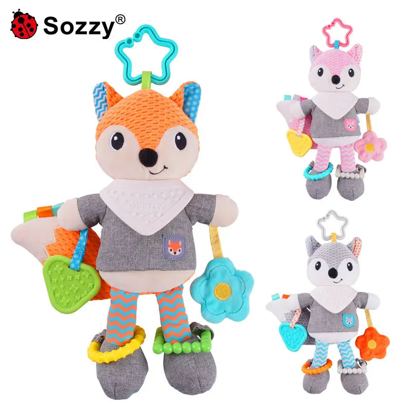 OEM Customizable Fox Baby Crib Plush Doll Soft Stuffed Animal Rattle with Teether Car Seat Stroller Hanging Toy