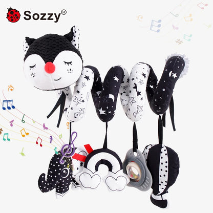 Custom Sozzy Soft Animal Fox Hanging Soft Animal Plush Baby Spiral Bed Toys Baby High Contrast Activity Stroller Toys