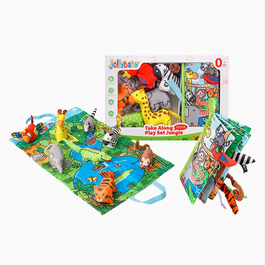 Jollybaby Soft Polyester Animal Dolls Play Mat Set Touch & Feel Soft Animal Tails Crinkling Squeaky Cloth Book for Kids