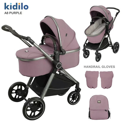0-3 Years 3 in 1 Kidilo Baby Stroller with Car Seat, Non-Toxic Durable Foldable Travel Stroller for Toddlers Family Trips A8