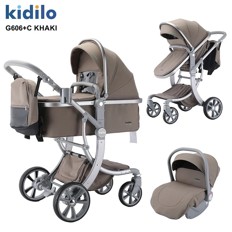 0-3 Years 3 in 1 Kidilo Baby Stroller with Car Seat, Non-Toxic Durable Foldable Travel Stroller for Toddlers Family Trips G606+C