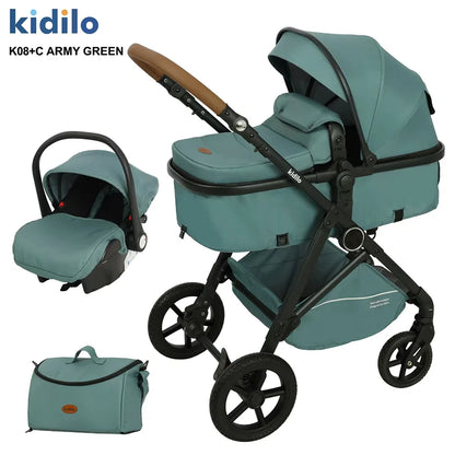 0-3 Years 3 in 1 Kidilo Baby Stroller with Car Seat, Non-Toxic Durable Foldable Travel Stroller for Toddlers Family Trips K08+C