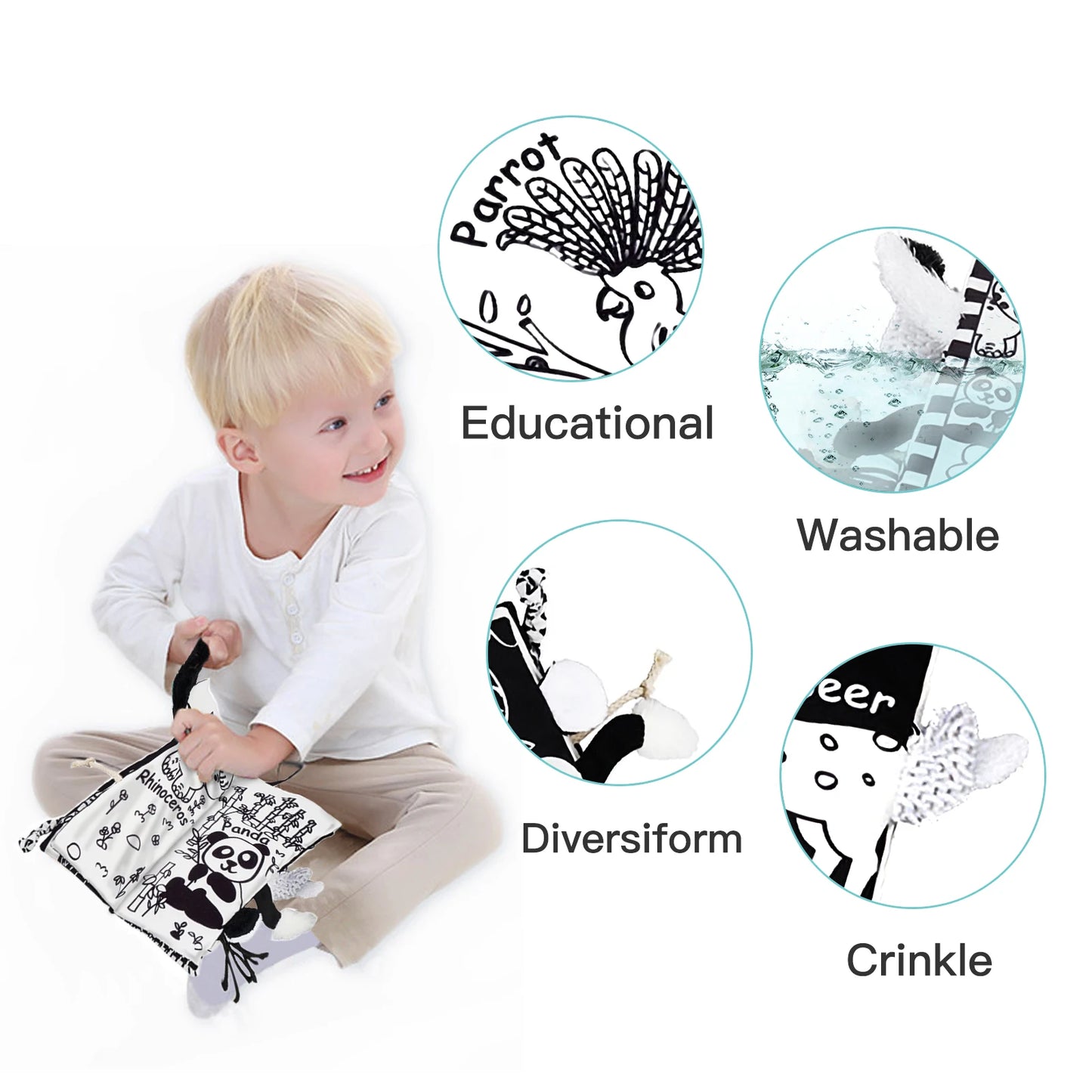 Jollybaby White Black Book Fabric Baby Animal Education Washable Tails Story Cloth Book for 0-12 Months